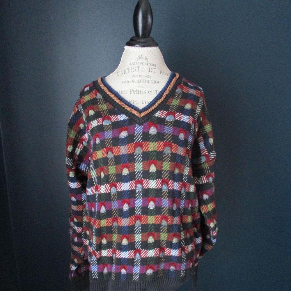 Vintage 90s Dad V Neck Green, Red, Blue Long Sleeve Plaid Sweater Size Large